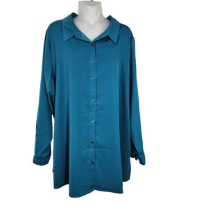 Susan Graver Big Shirt Size 1X Green Stretch Peachskin Fabric Button Up A203722